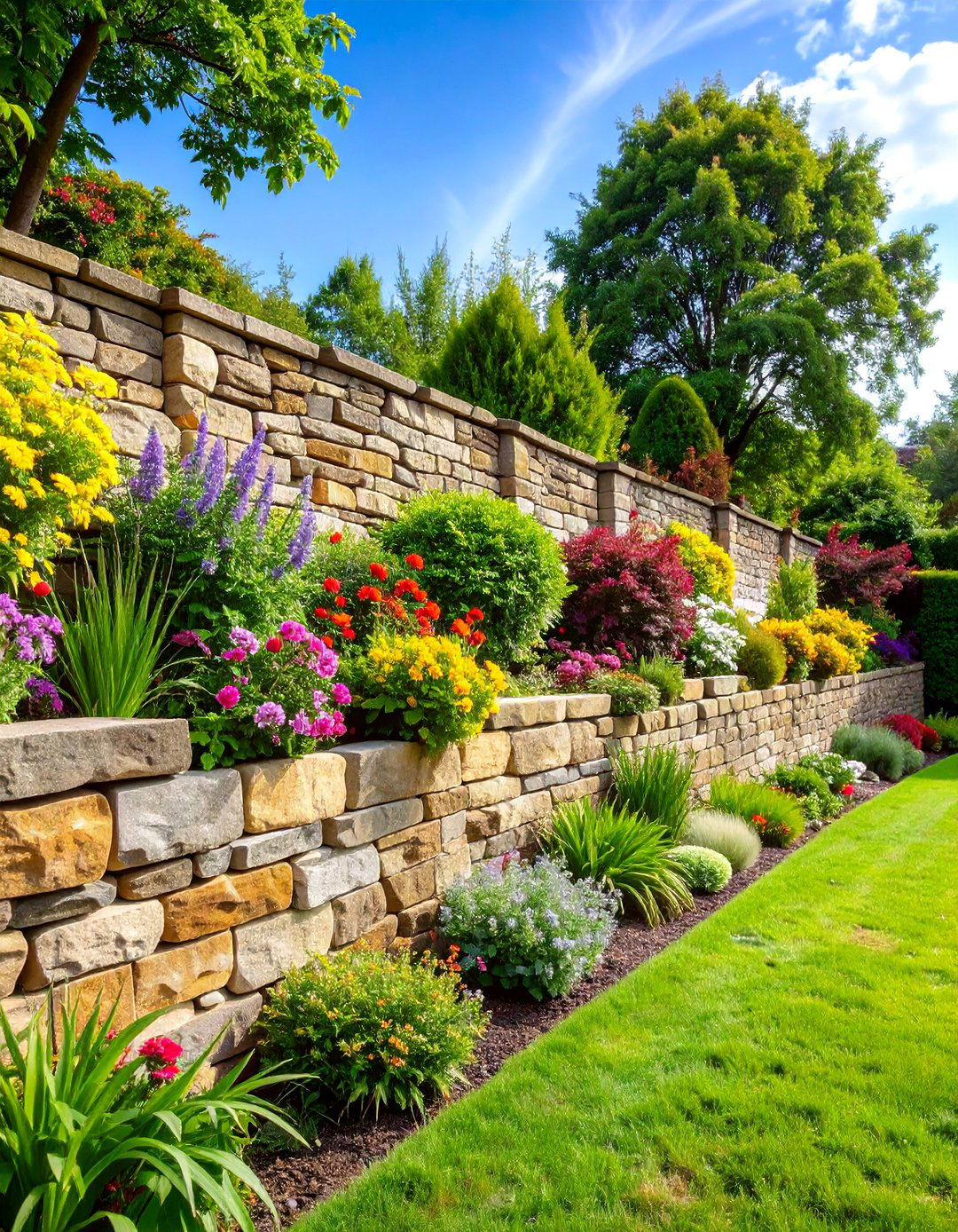 Stacked Stone Retaining Wall with Mortar Free Construction - 25 Inexpensive Retaining Wall Ideas