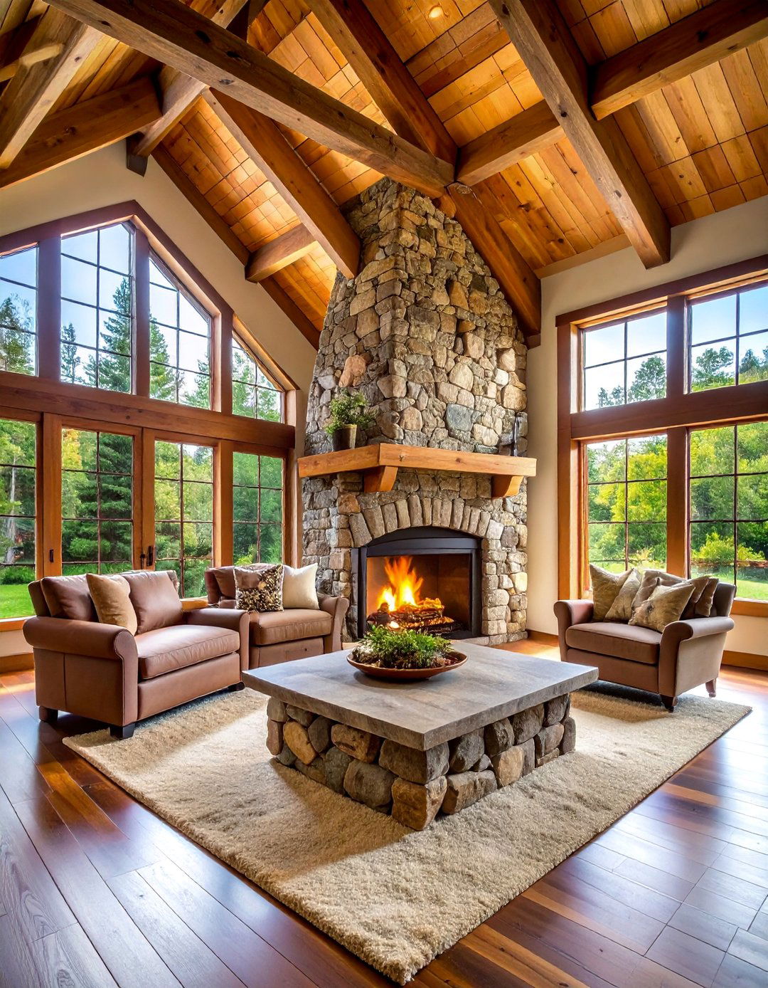 Stacked Stone Rustic Fireplace with Vaulted Ceiling - 25 Rustic Fireplaces