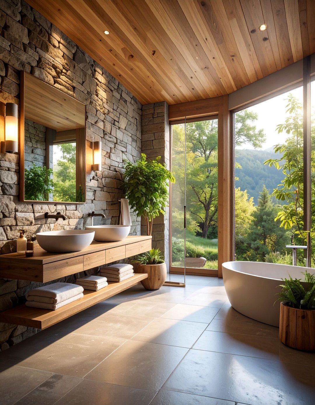 Stacked Stone Rustic Modern Bathroom - 25 Stone Bathroom Ideas