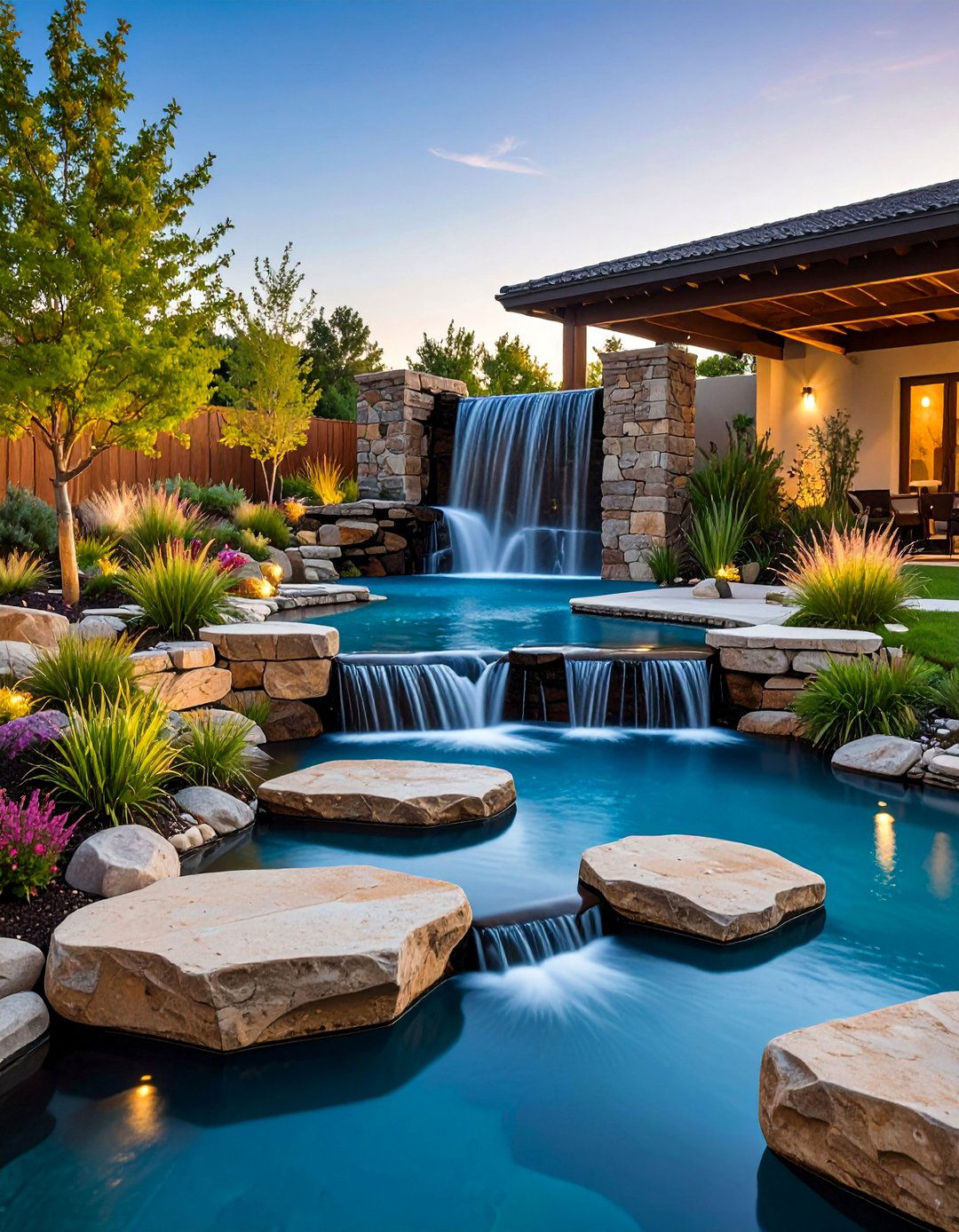 Stacked Stone Waterfall with Dry Creek Bed Design - 25 Small Pool Waterfall Ideas