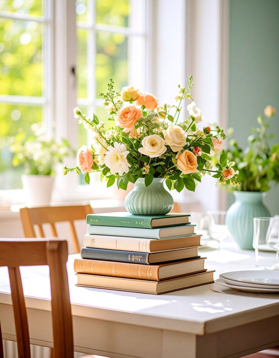 Stacked Vintage Books with Small Vase - 25 Dining Table Centerpiece Ideas
