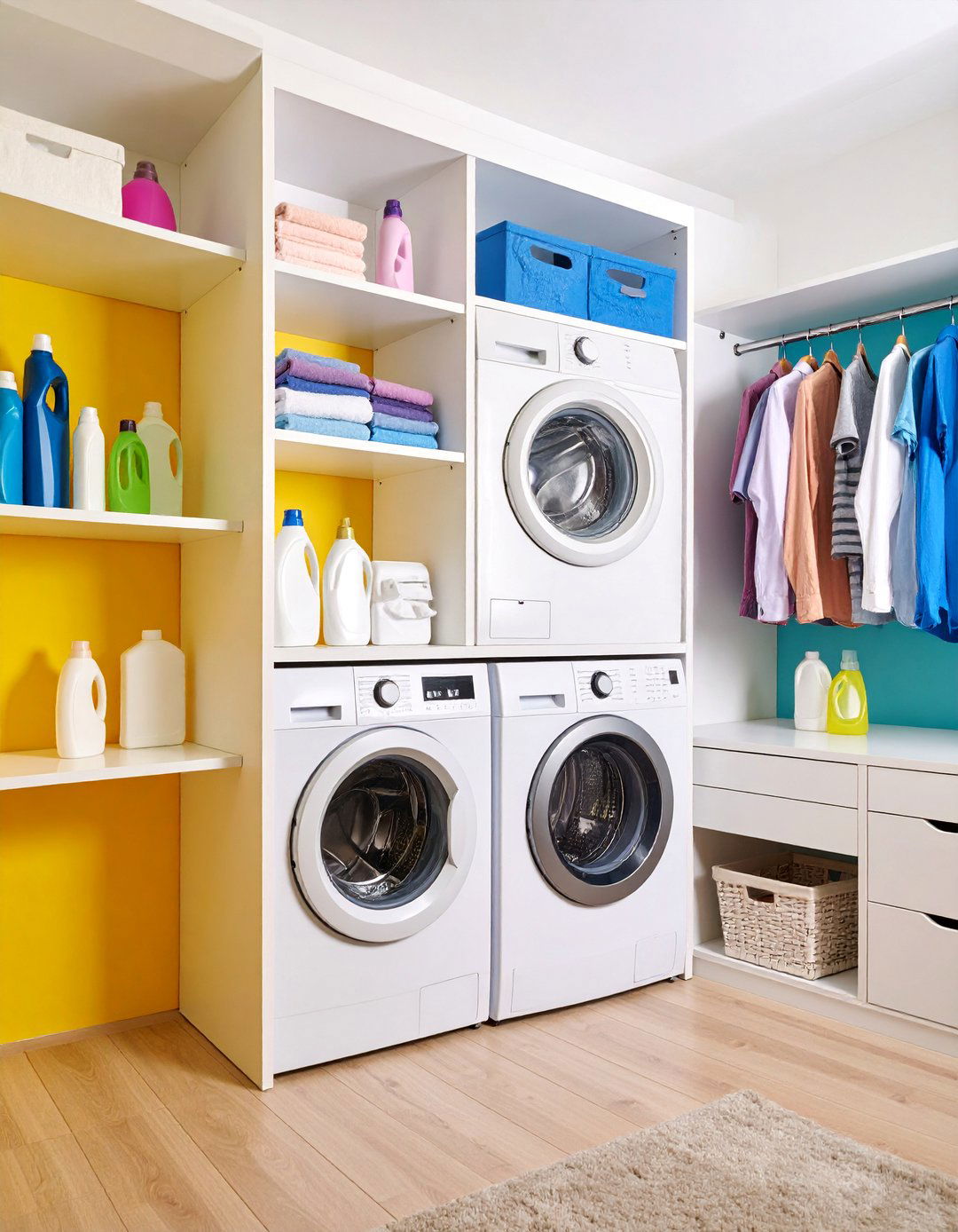 Stacked Washer Dryer Closet with Built in Shelving - 25 Laundry Closet Ideas