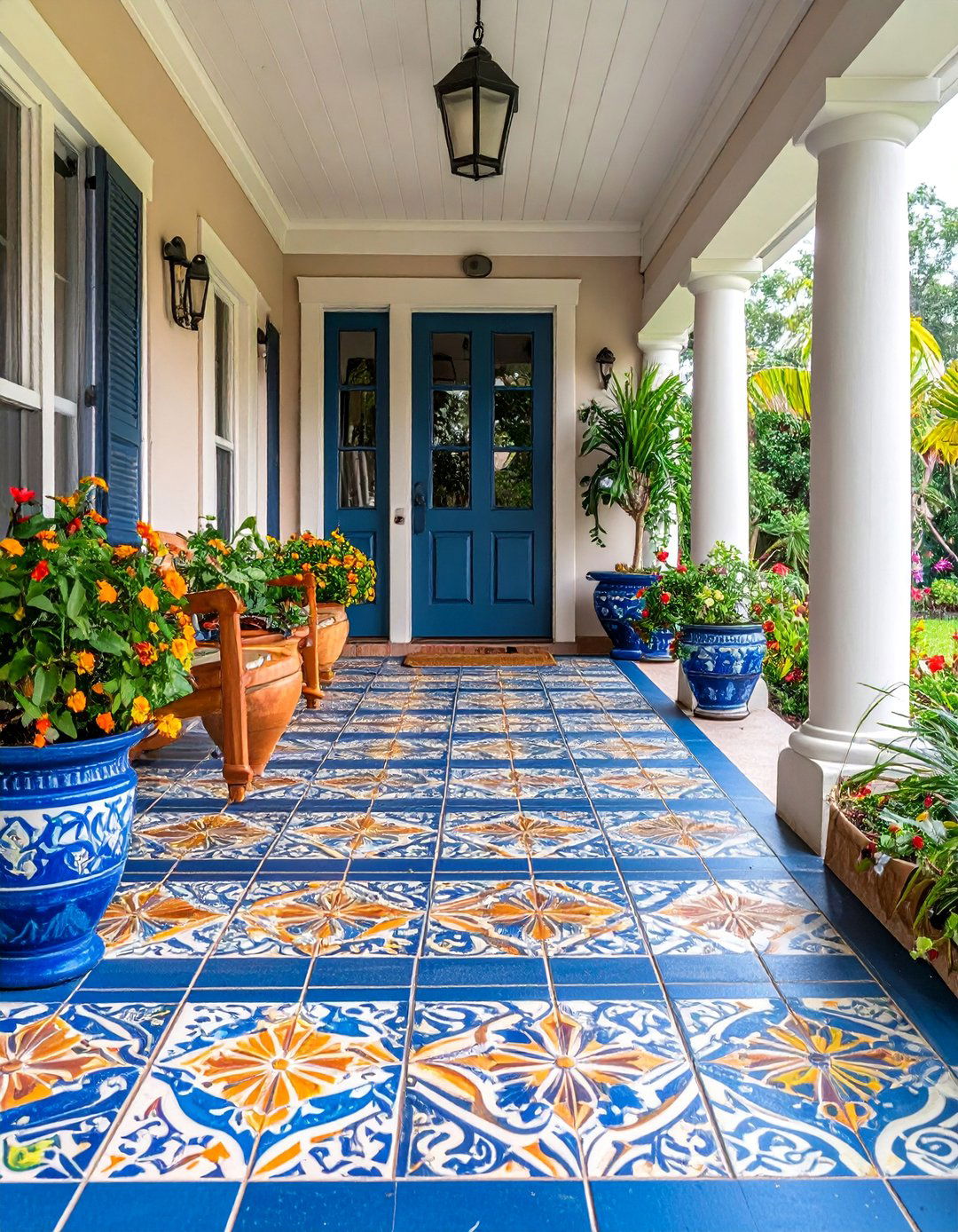 Stained Concrete Porch with Faux Tile Design - 25 Concrete Porch Ideas