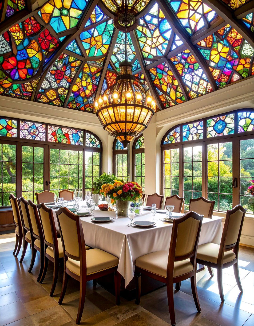Stained Glass Ceiling Mural with Colorful Gothic Window Designs - 25 Ceiling Murals