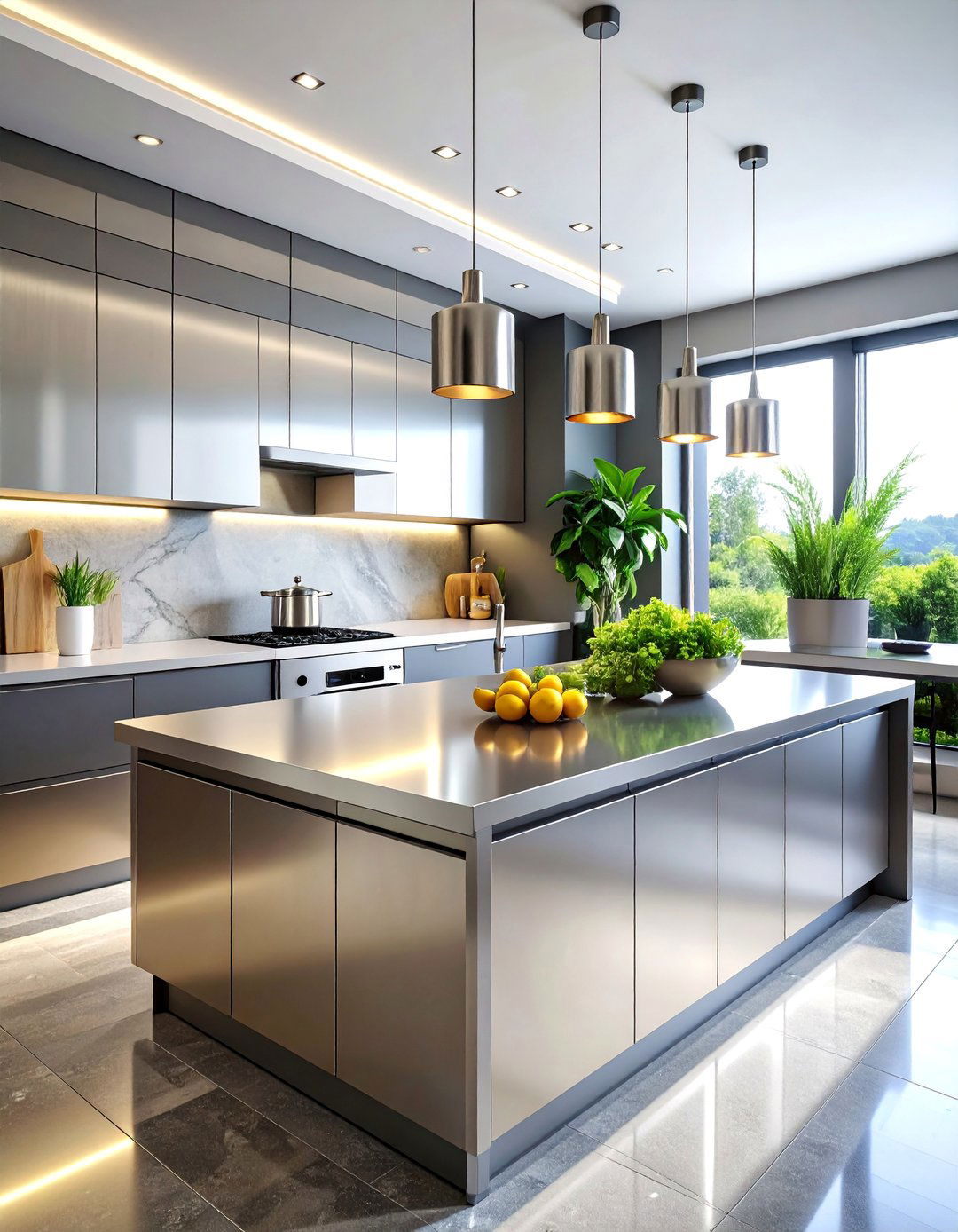 Stainless Steel Kitchen Countertop with Integrated Backsplash - 25 Kitchen Countertop Ideas