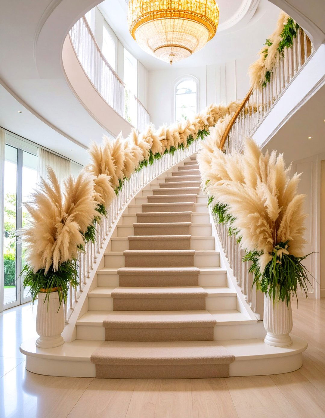 Staircase Garland Installation - 25 Pampas Grass Wedding Decor Ideas