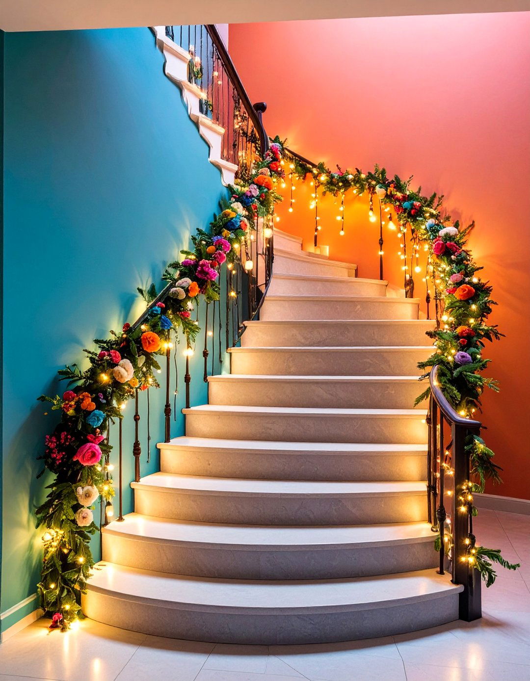 Stairway Garland Installation with Flowing Natural Elements - 25 Housewarming Decoration Ideas