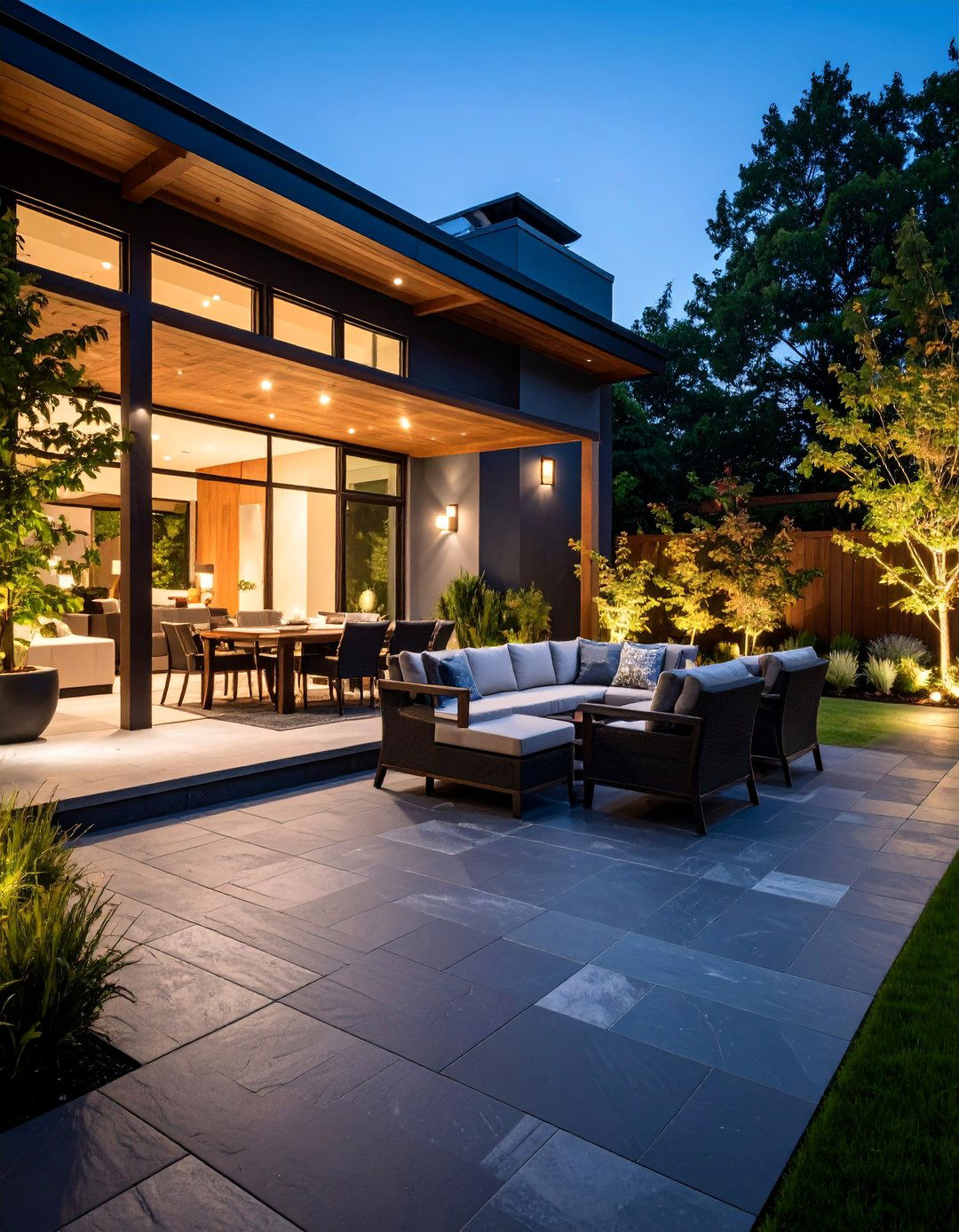 Stamped Black Concrete Patio with Ashlar Slate Pattern - 25 black concrete patio ideas
