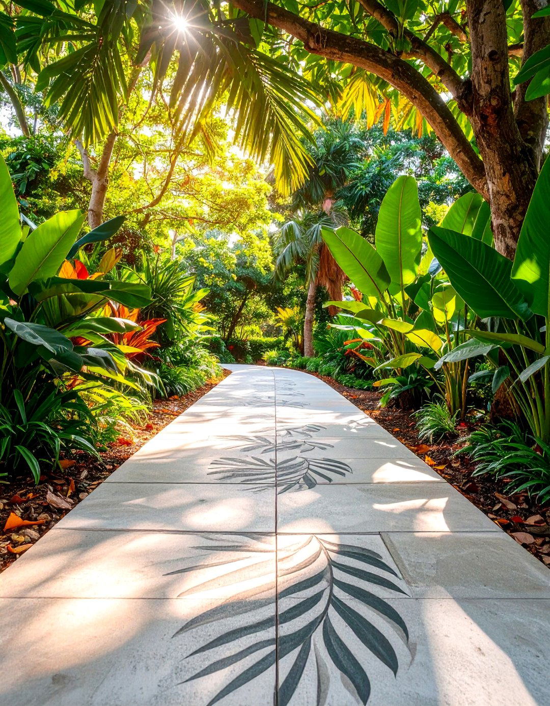Stamped Concrete Path with Leaf Patterns - 25 Garden Path Ideas