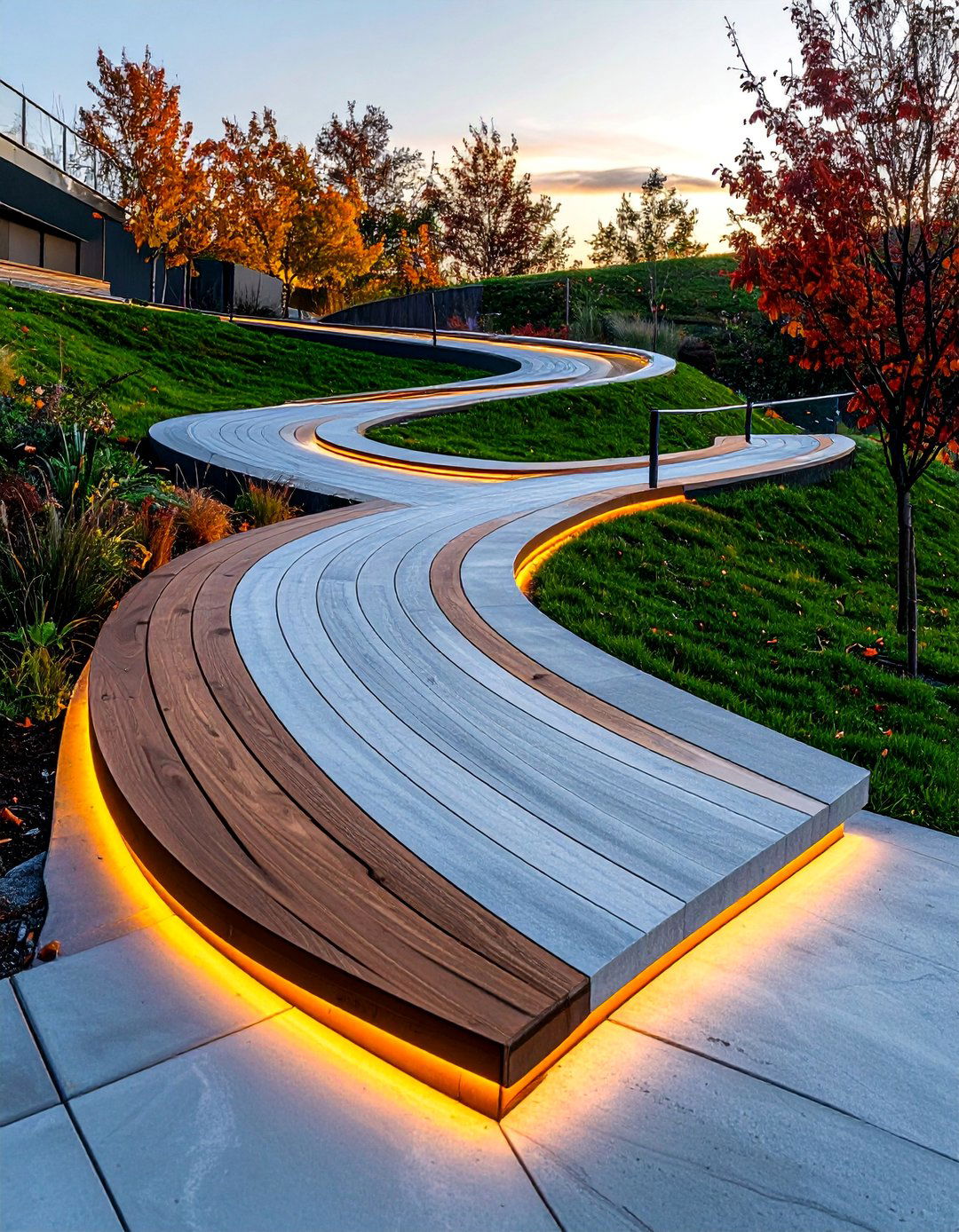 Stamped Concrete Switchback Pathway with Integrated LED Lighting - 25 Sloped Walkway Ideas