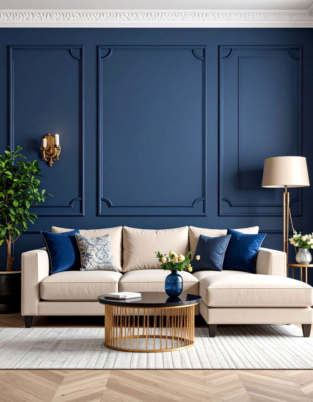 Statement Blue Accent Wall with Beige Furniture Focus - 25 blue and beige living room ideas
