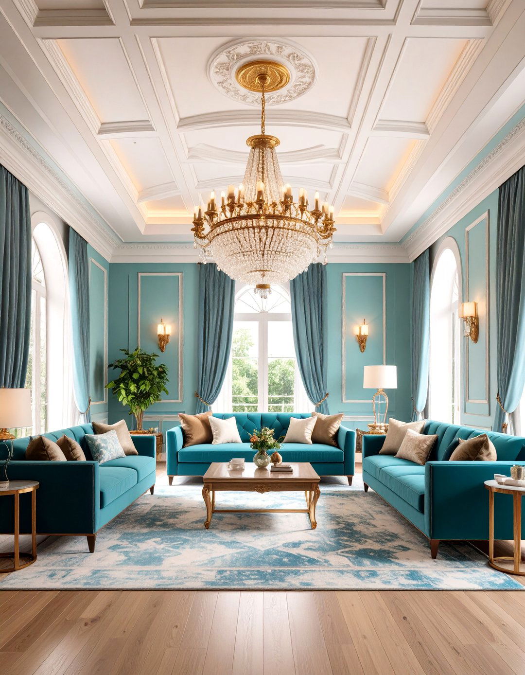 Statement Chandelier Focal Point with Coffered Details - 25 Open Concept Vaulted Ceiling Living Room Ideas