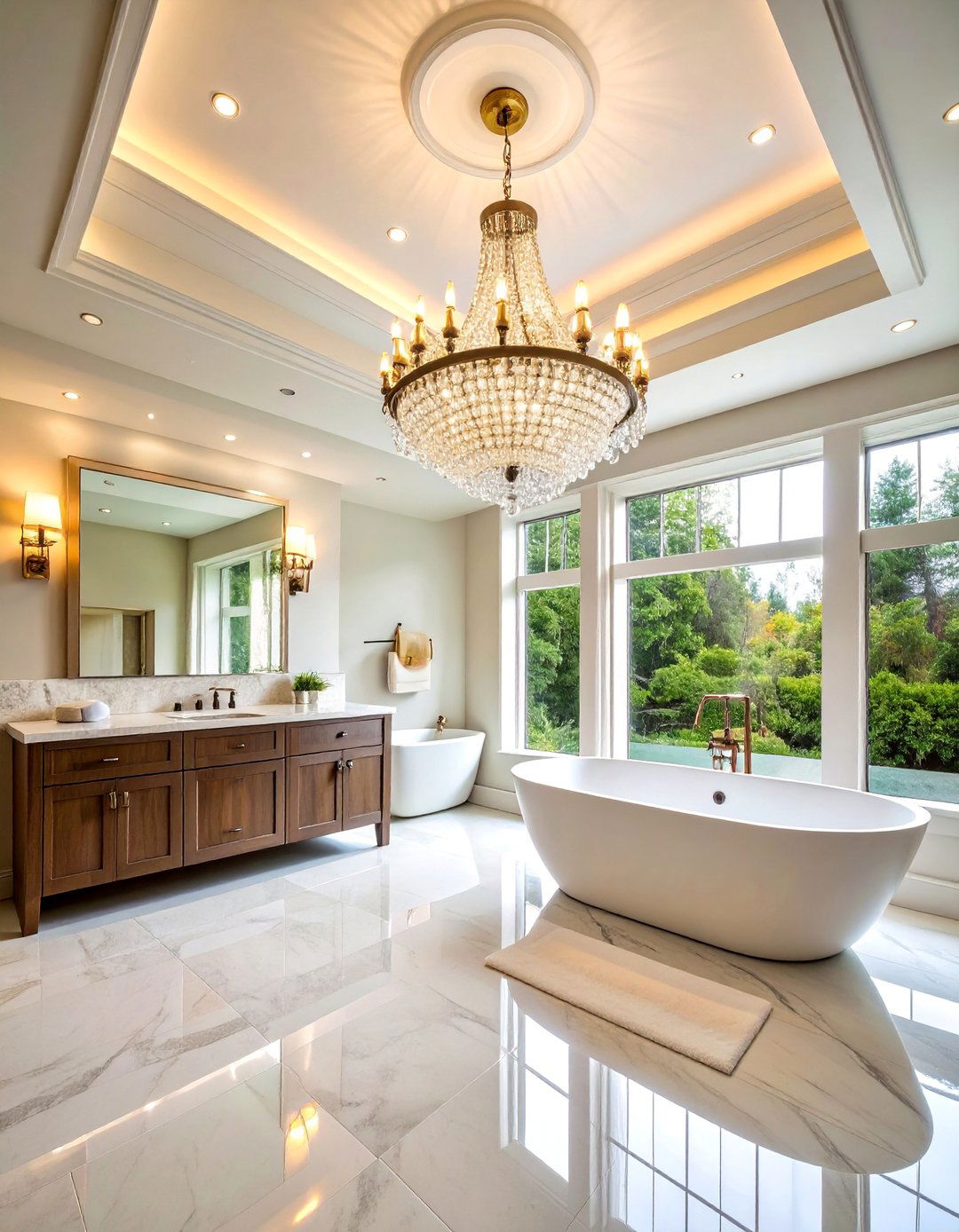 Statement Crystal Chandelier with Tray Ceiling - 25 Bathroom Ceiling Ideas