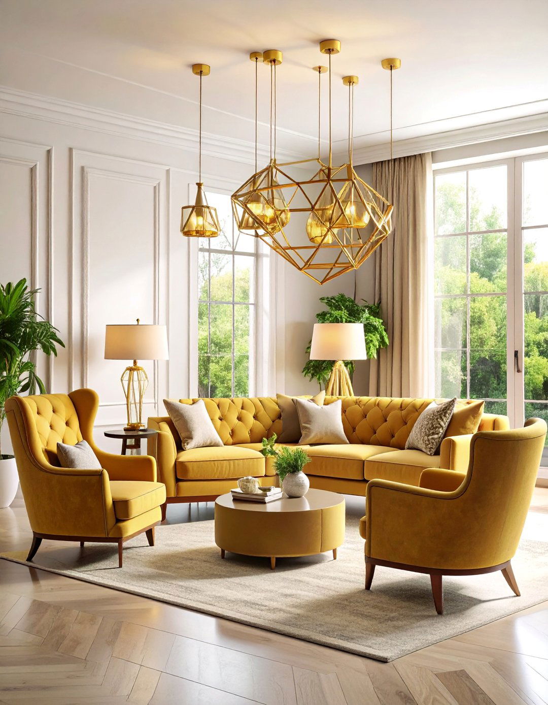 Statement Lighting with Classic Furniture - 25 Transitional Living Room Ideas
