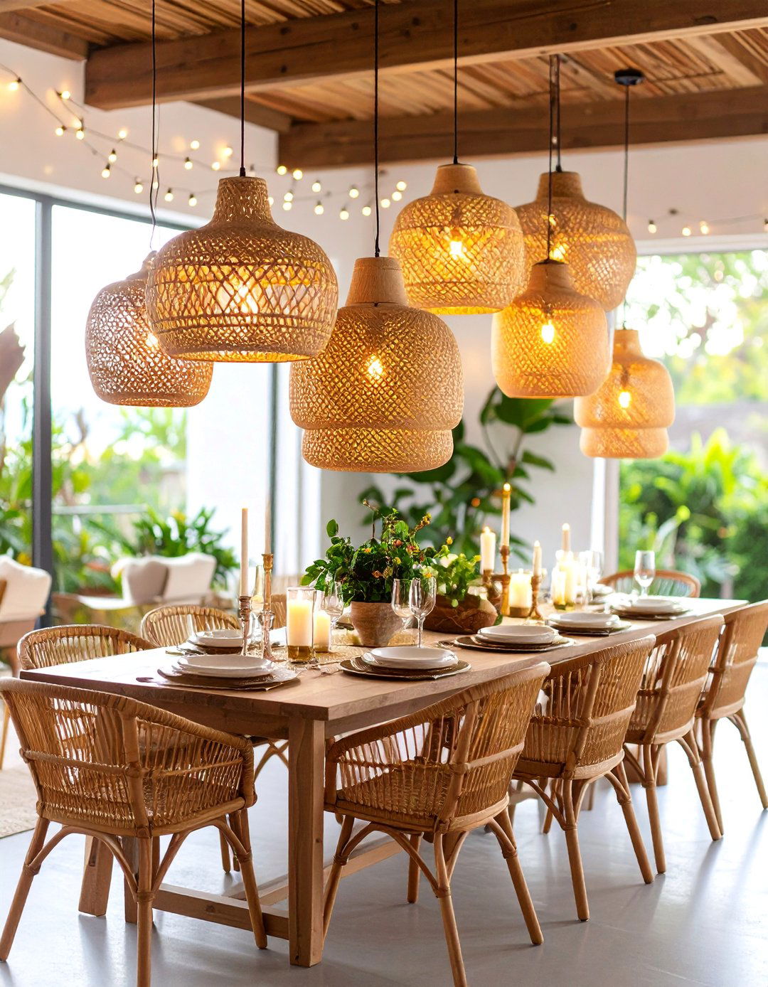 Statement Lighting with Rattan Pendants - 25 Boho Decor Ideas