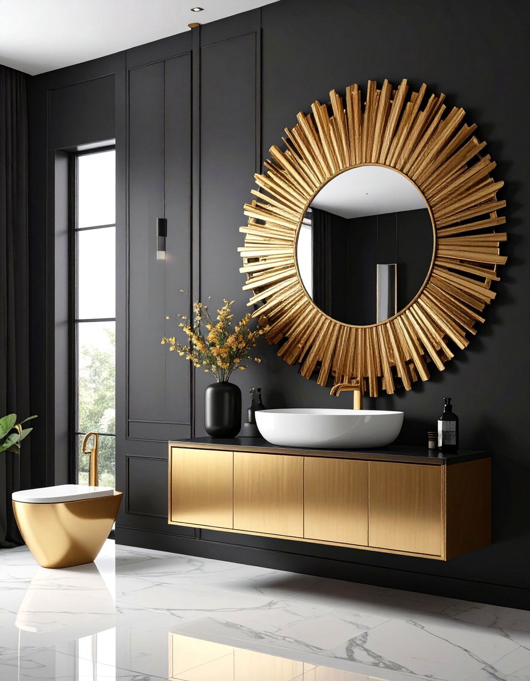 Statement Mirror Black Powder Room with Gold Sunburst Design - 25 black and gold powder room ideas
