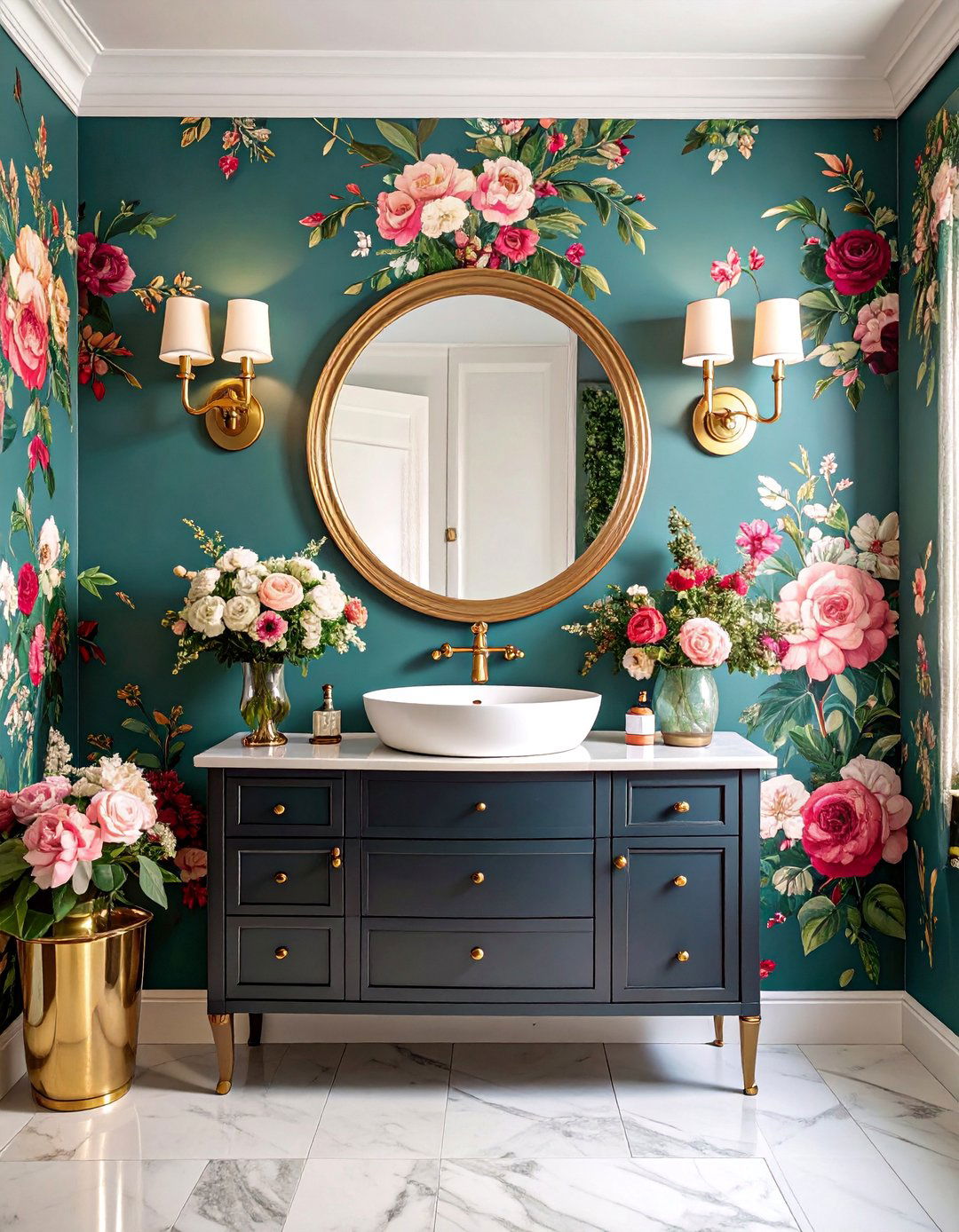 Statement Wallpaper with Brass Accents - 25 Powder Room Ideas