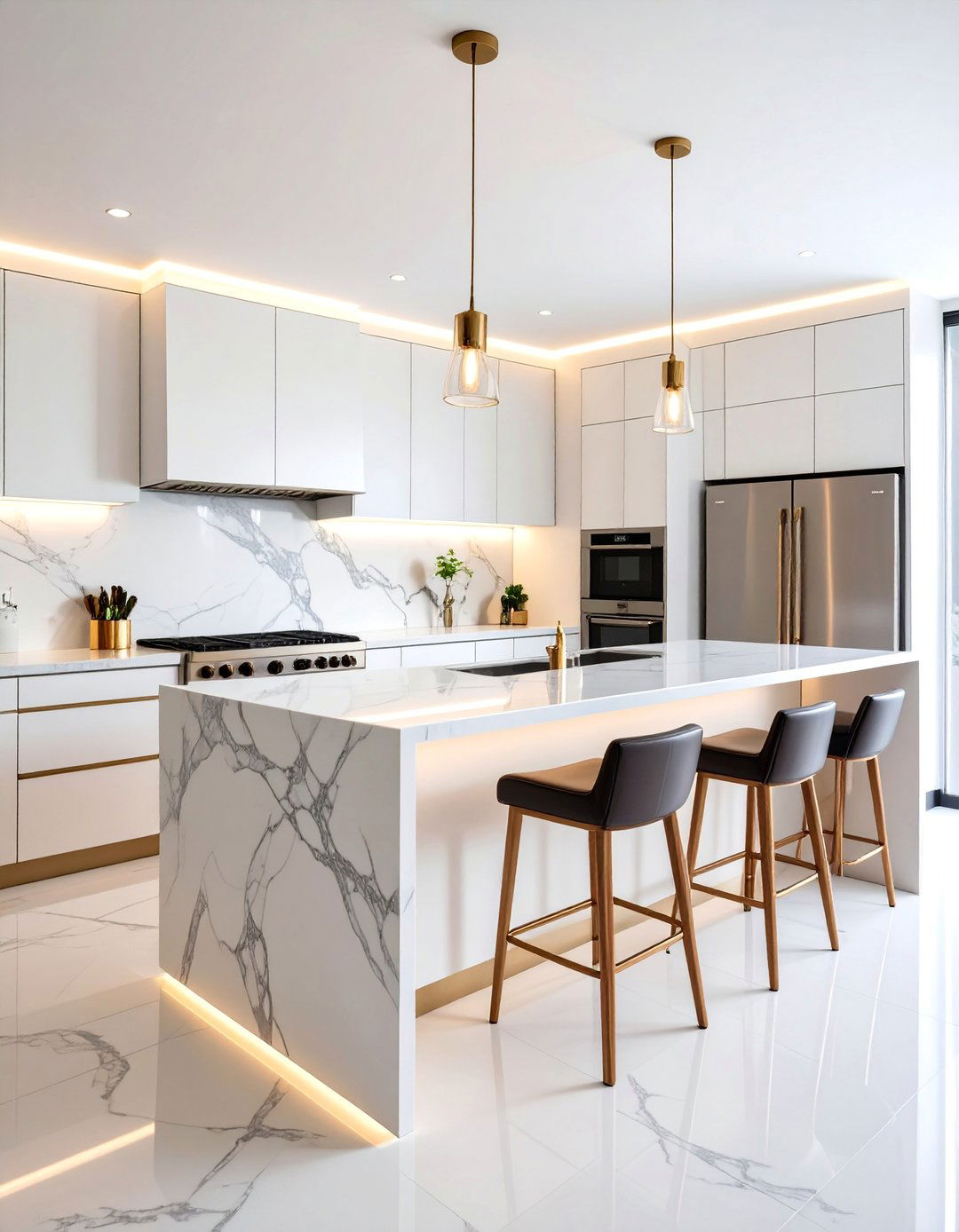 Statuario Marble Island with Integrated Lighting - 25 Marble Kitchen Island Ideas