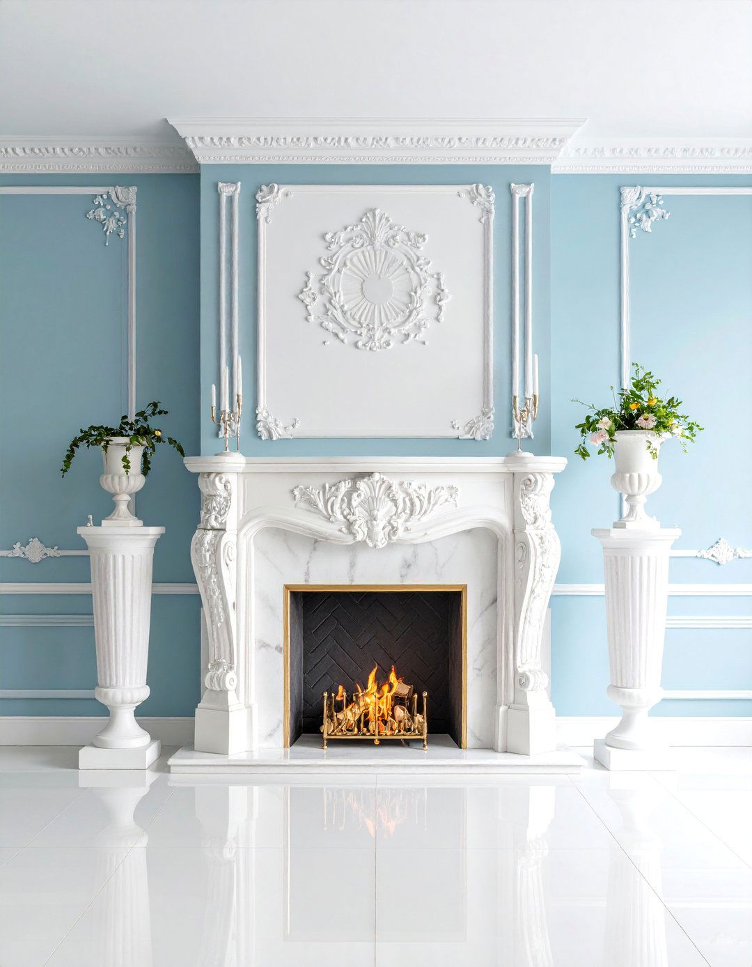 Statuary White Marble Fireplace with Neoclassical Details - 25 Marble Fireplace Ideas