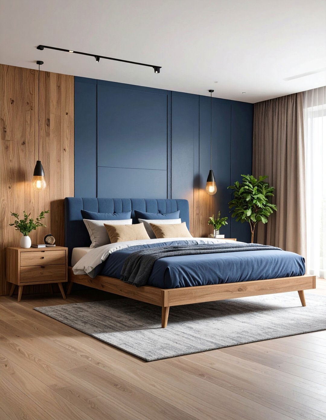 Steel Blue Bedroom with Warm Grey Accent Wall - 25 Blue and Grey Bedroom Ideas