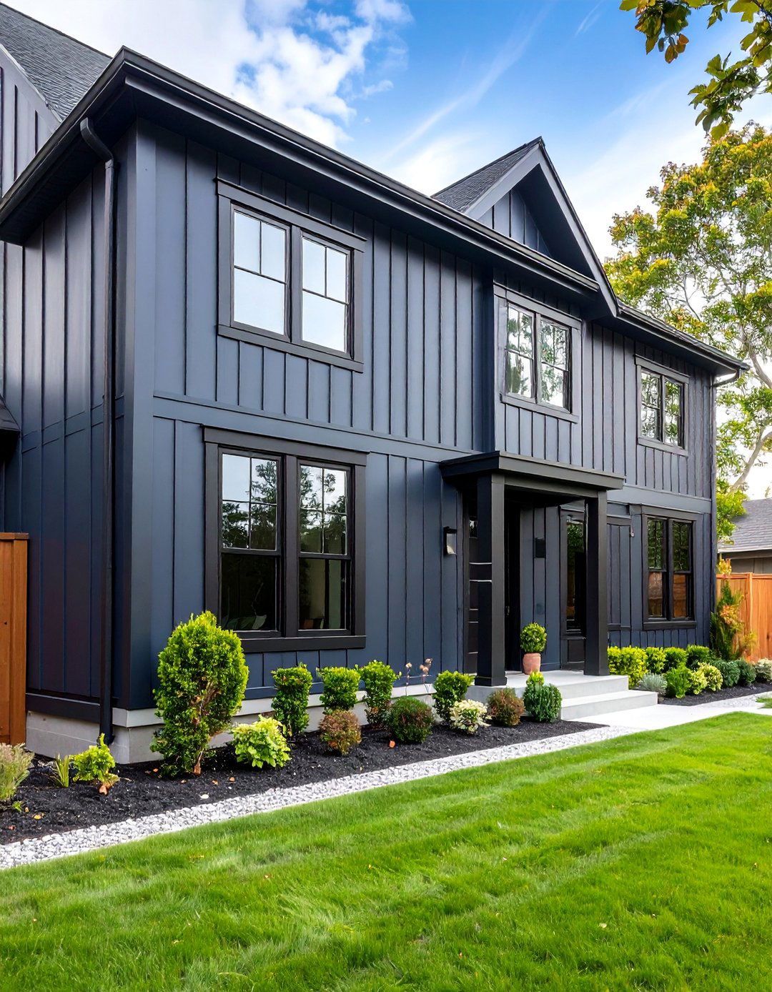 Steel Blue Board and Batten with Black Window Frames - 25 Midnight Blue & Dark Blue House Siding Colors