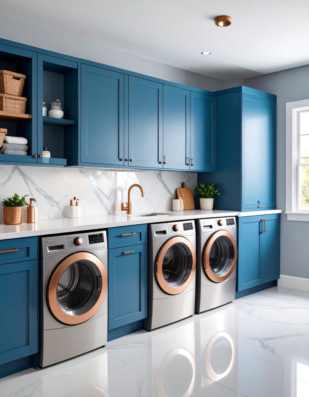 Steel Blue Cabinets with Copper Accents - 25 Blue Laundry Room Ideas