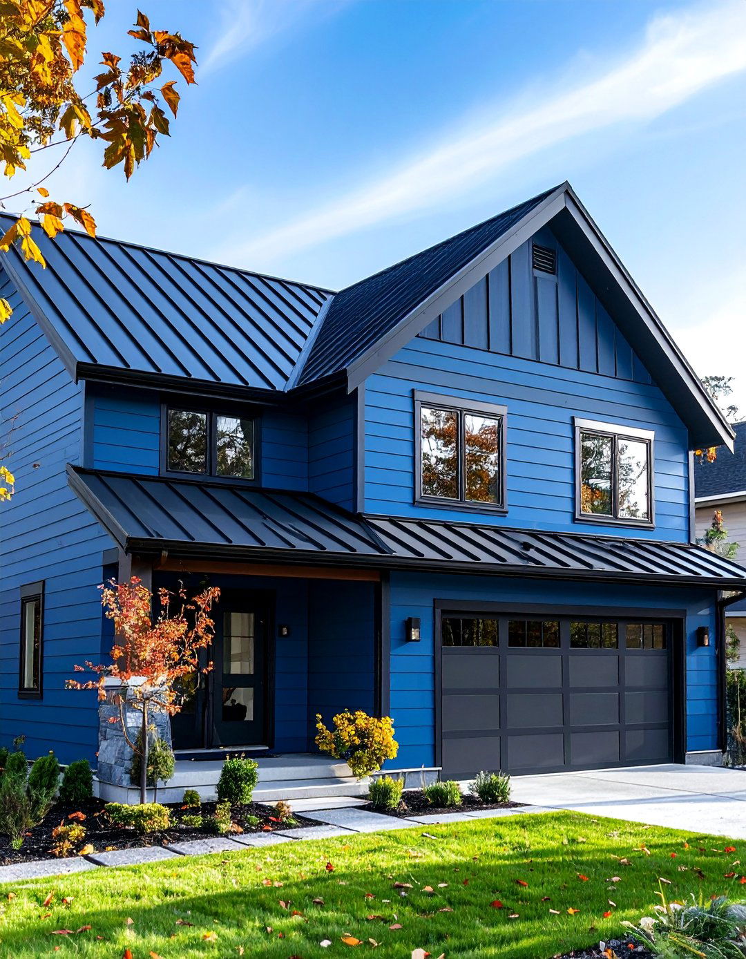 Steel Blue Horizontal Lap with Black Metal Roofing - 25 Midnight Blue & Dark Blue House Siding Colors