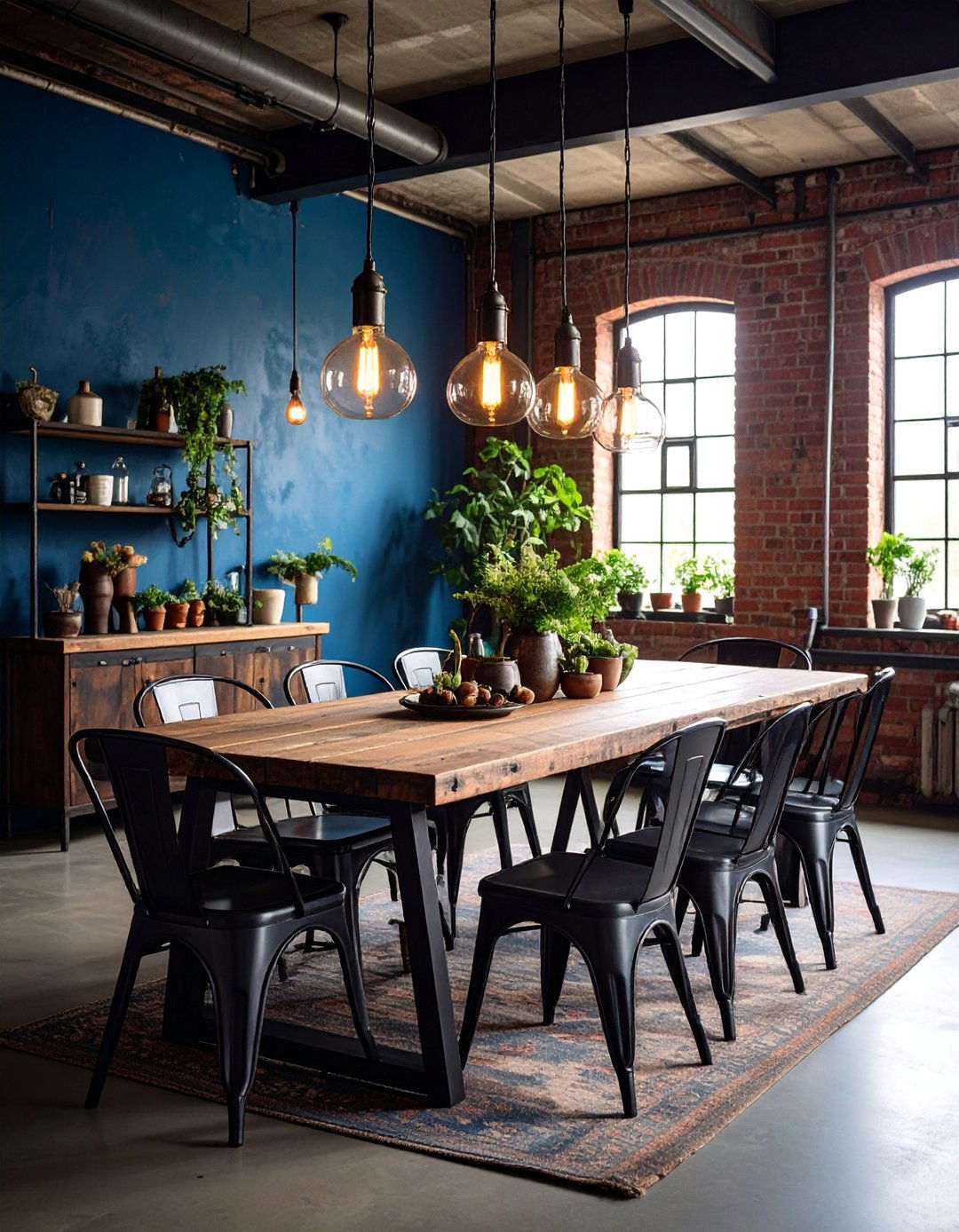 Steel Blue Industrial Dining Room with Metal Accents - 25 Blue Dining Room Ideas