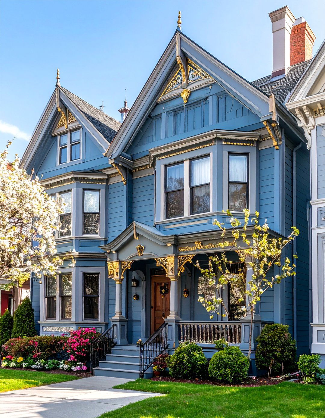 Steel Blue Victorian with Brass Hardware Elements - 25 blue victorian house colors