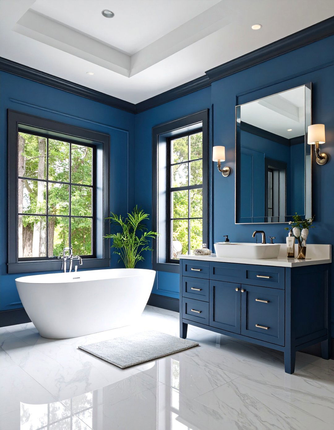 Steel Blue Walls with Black Trim - 25 black and blue bathroom ideas