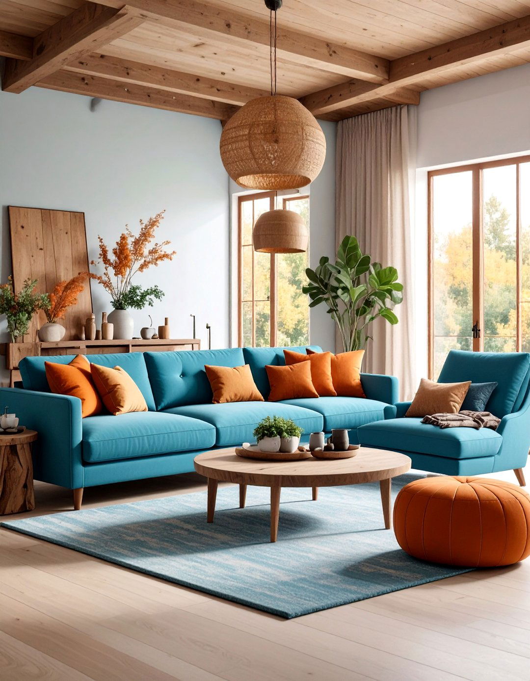 Steel Blue and Burnt Sienna Rustic Contemporary Living Room - 25 orange and blue living room ideas