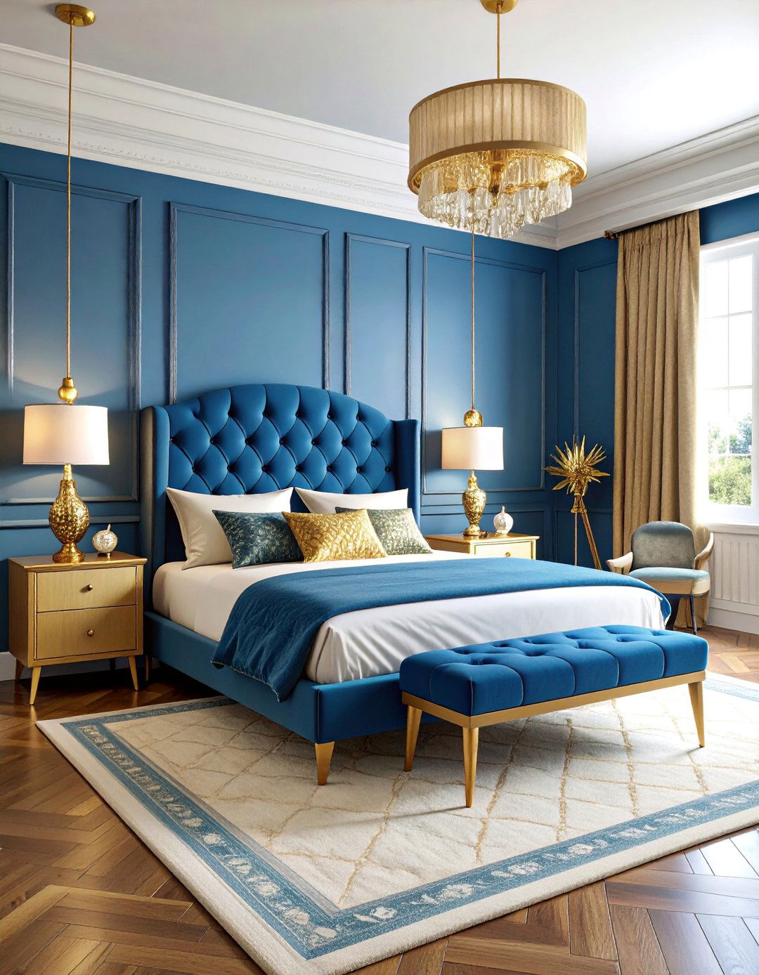 Steel Blue and Vintage Gold Retro Bedroom - 25 Blue and Gold Bedroom Ideas