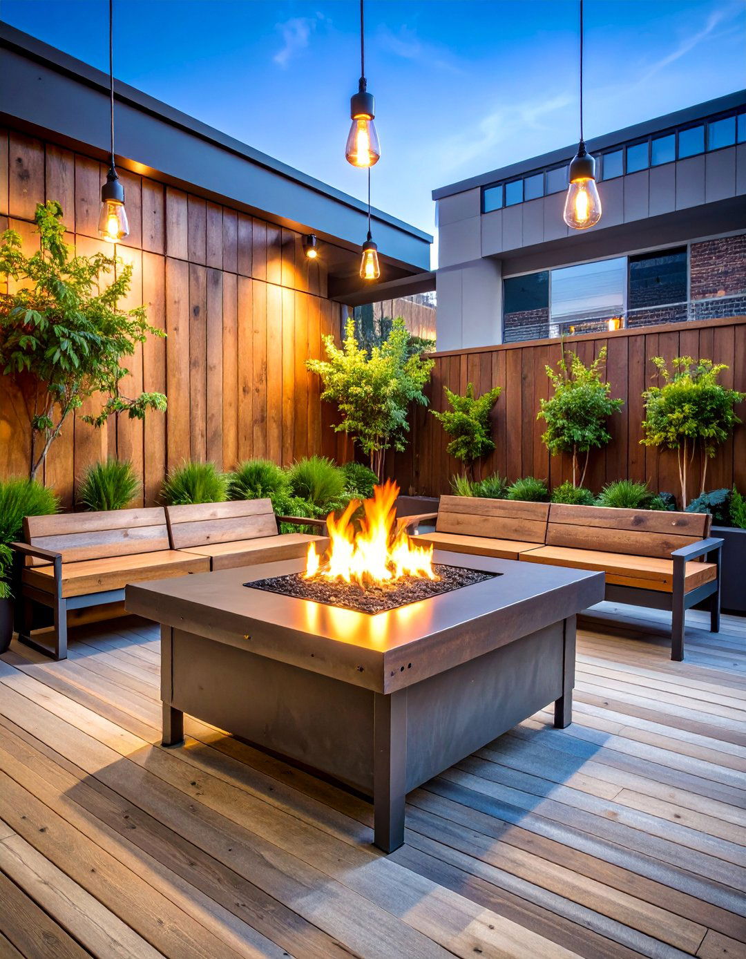 Steel Fire Table with Reclaimed Wood Benches - 25 Rustic Fire Pit Ideas