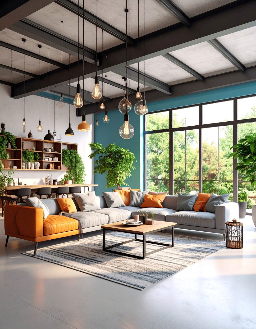 Steel Grid Ceiling Living Room with Industrial Pendant Lights - 25 Industrial Decor Ideas