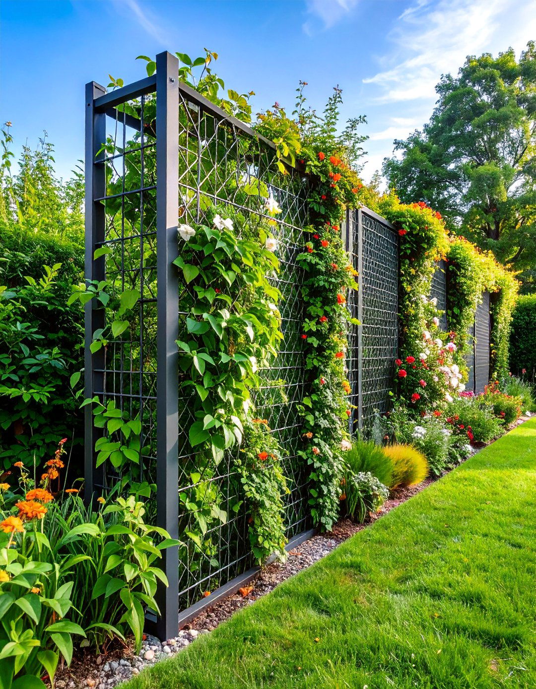 Steel Mesh Garden Border with Climbing Plant Support - 25 Low Maintenance Garden Border Ideas