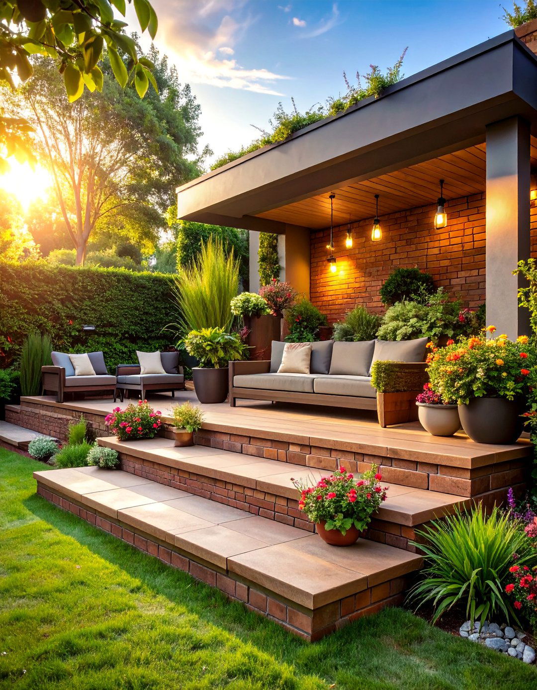 Stepped Brick Terrace Wall with Integrated Seating - 25 Front Yard Brick Fence Ideas