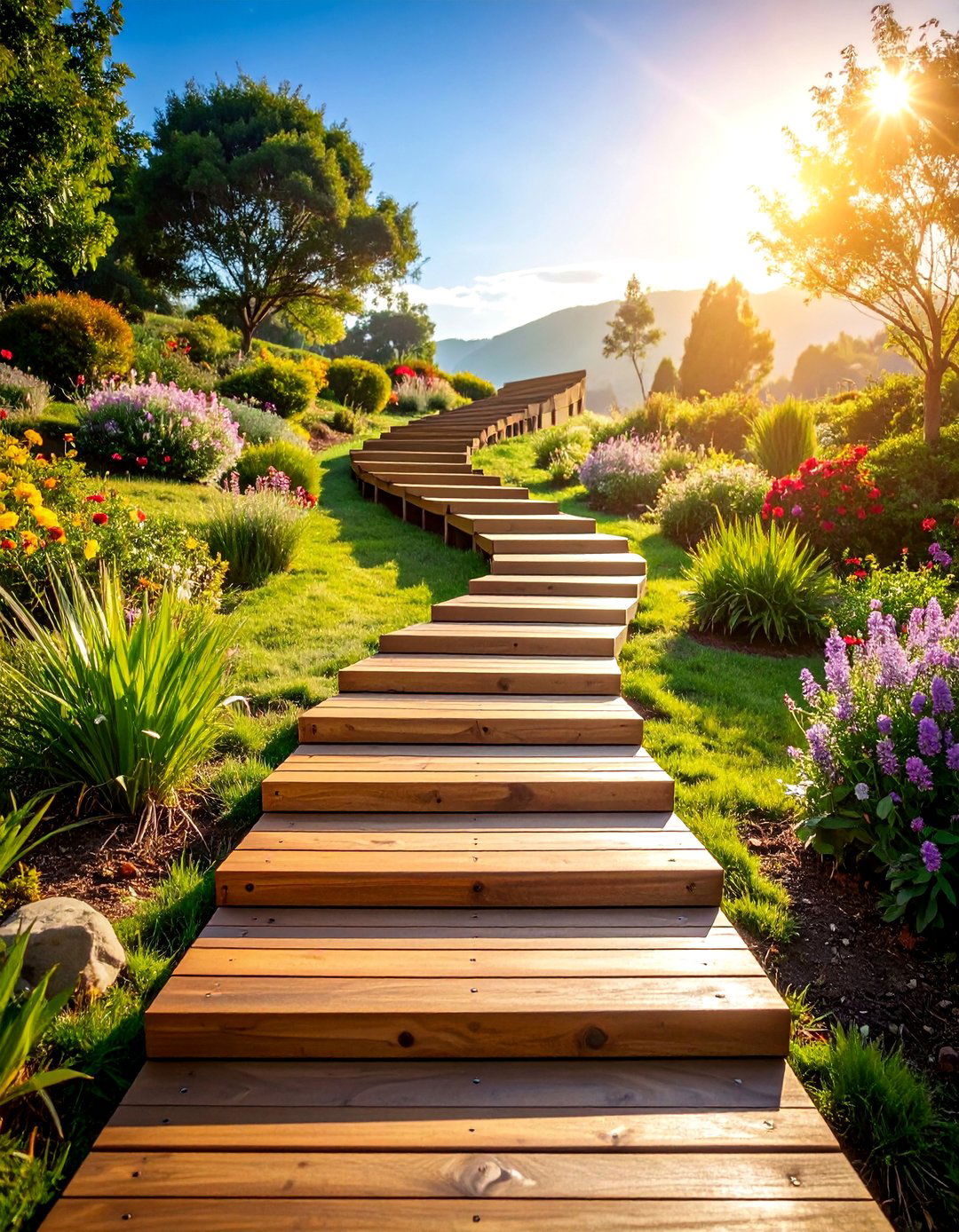 Stepped Wooden Trail for Sloped Gardens - 25 Wooden Walkway Ideas
