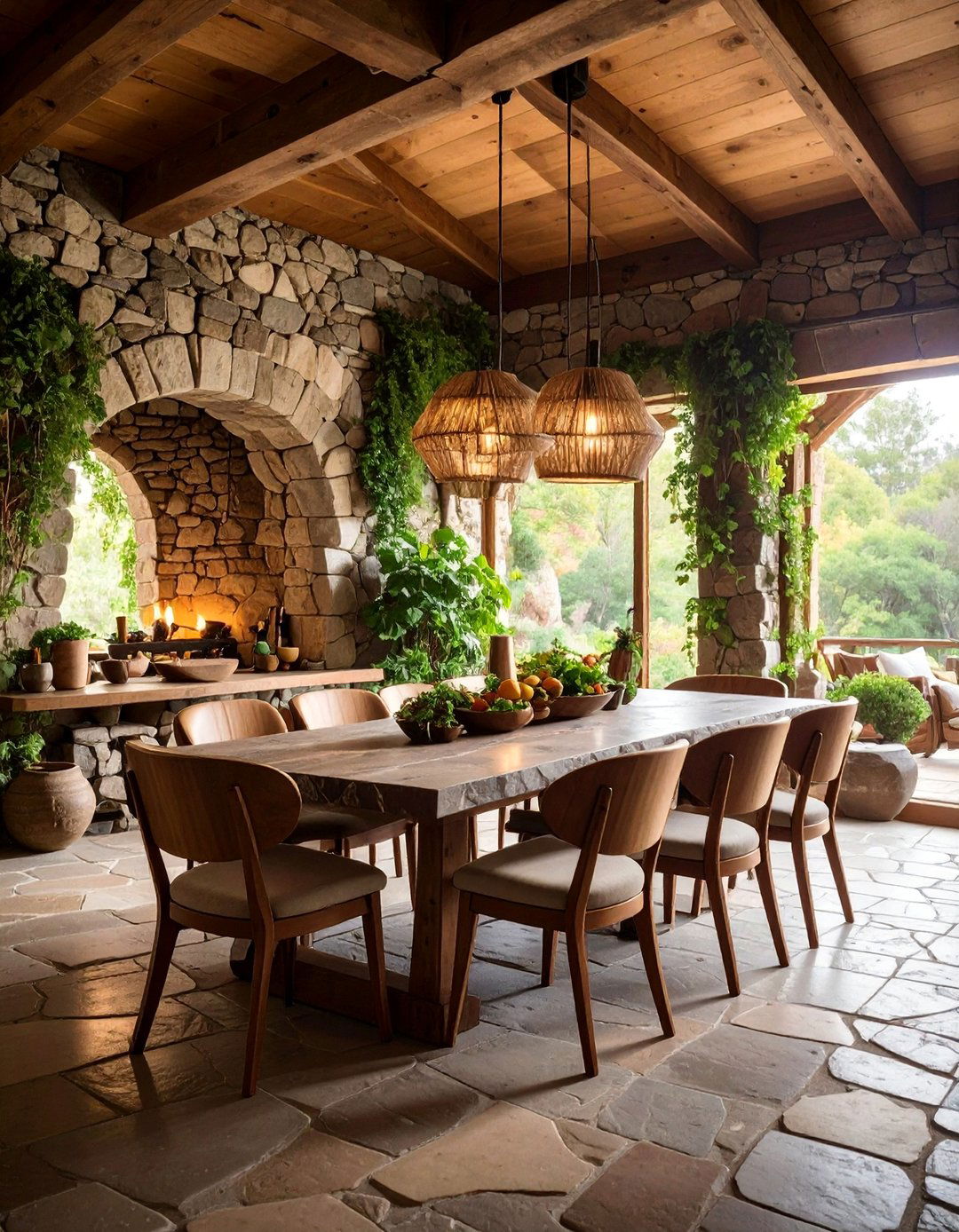 Stone Accent Rustic Dining Room with Natural Rock Elements - 25 Rustic Dining Room Ideas