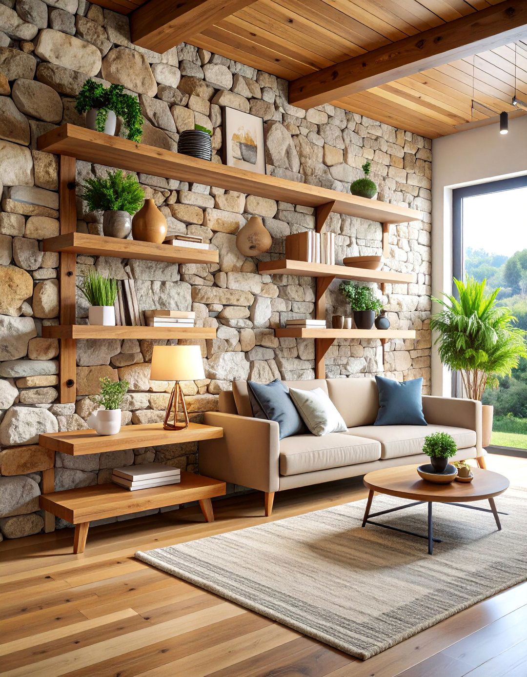 Stone Accent Wall with Floating Wood Shelves - 25 Rustic Wall Decor Ideas