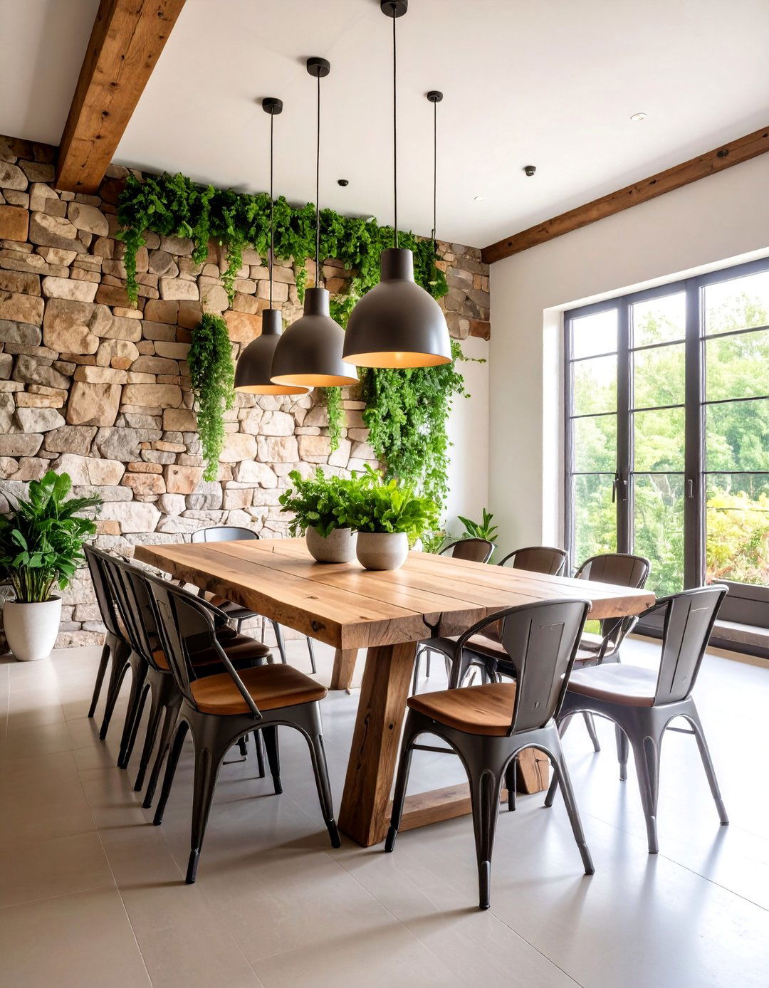 Stone Accent Wall with Natural Elements - 25 Modern Farmhouse Dining Room Ideas