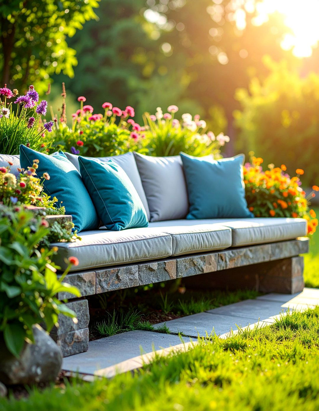 Stone Bench with Integrated Planter Design - 25 Outdoor Seating Ideas