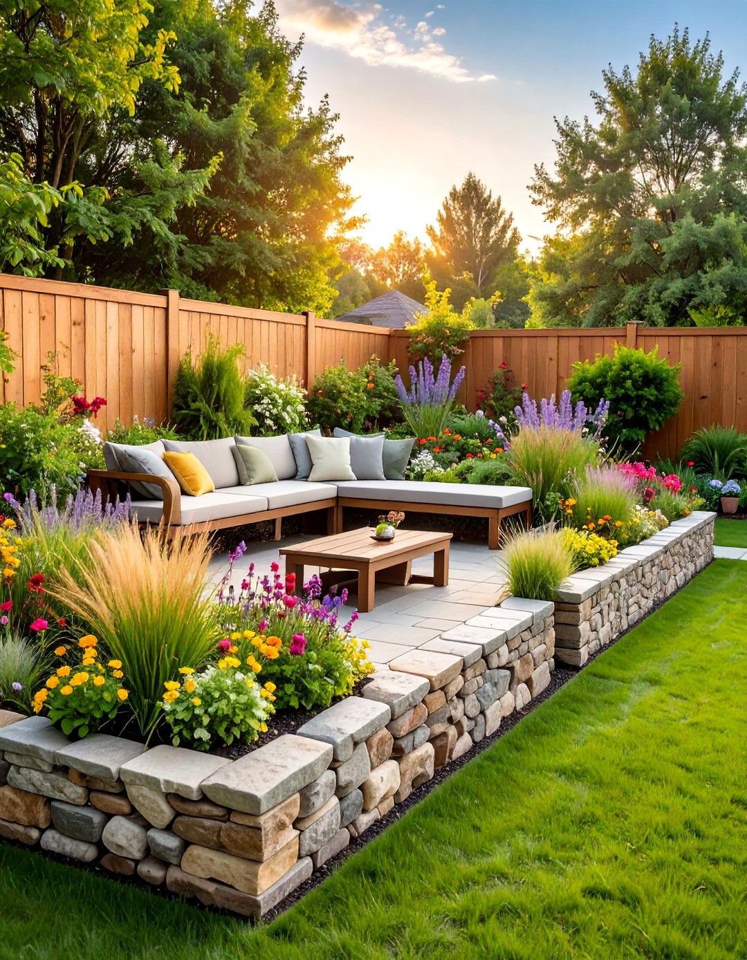 Stone Border Garden with Integrated Seating - 25 Raised Garden Bed Along Fence Ideas