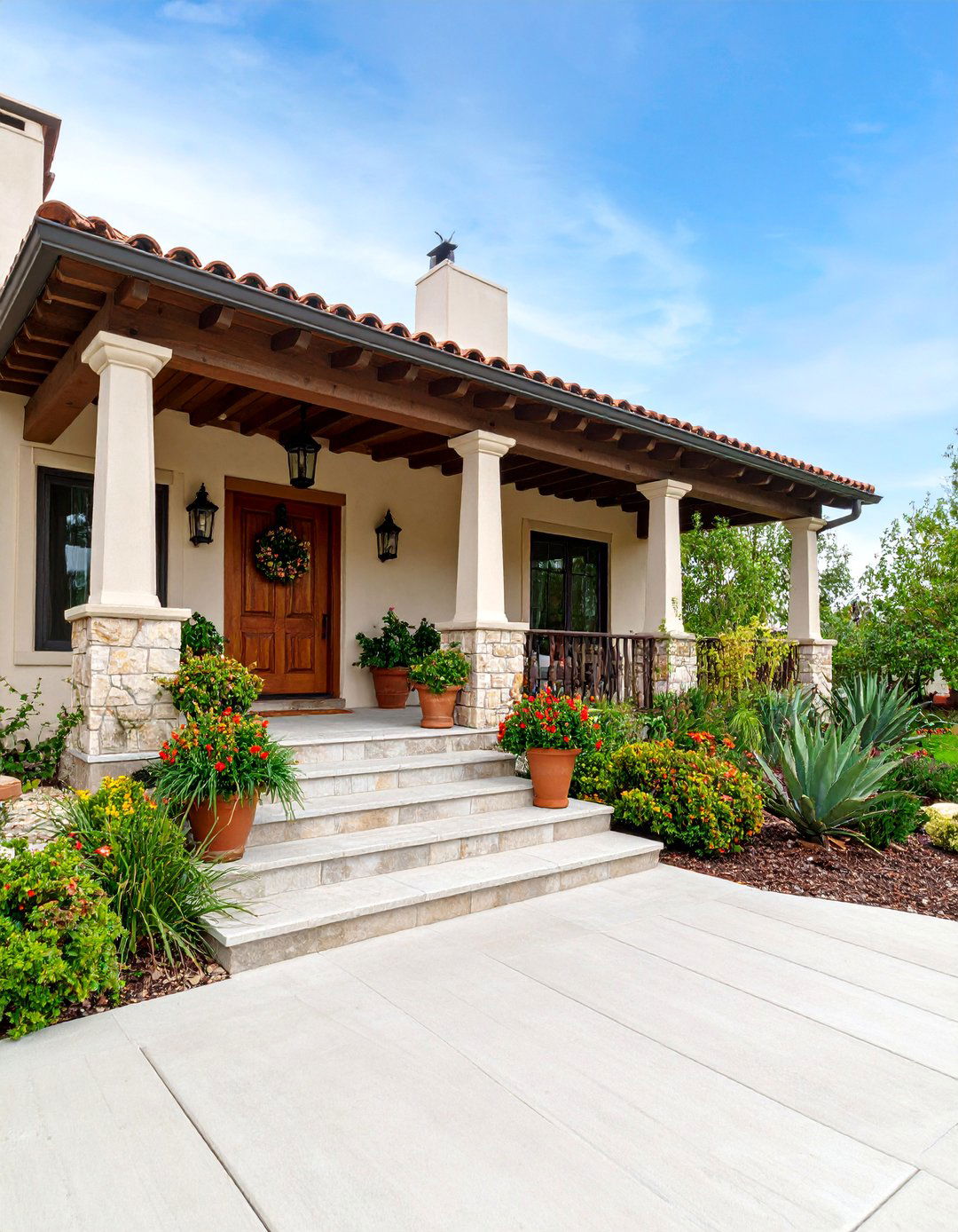 Stone Column Porch with Natural Materials - 25 spanish style front porch ideas