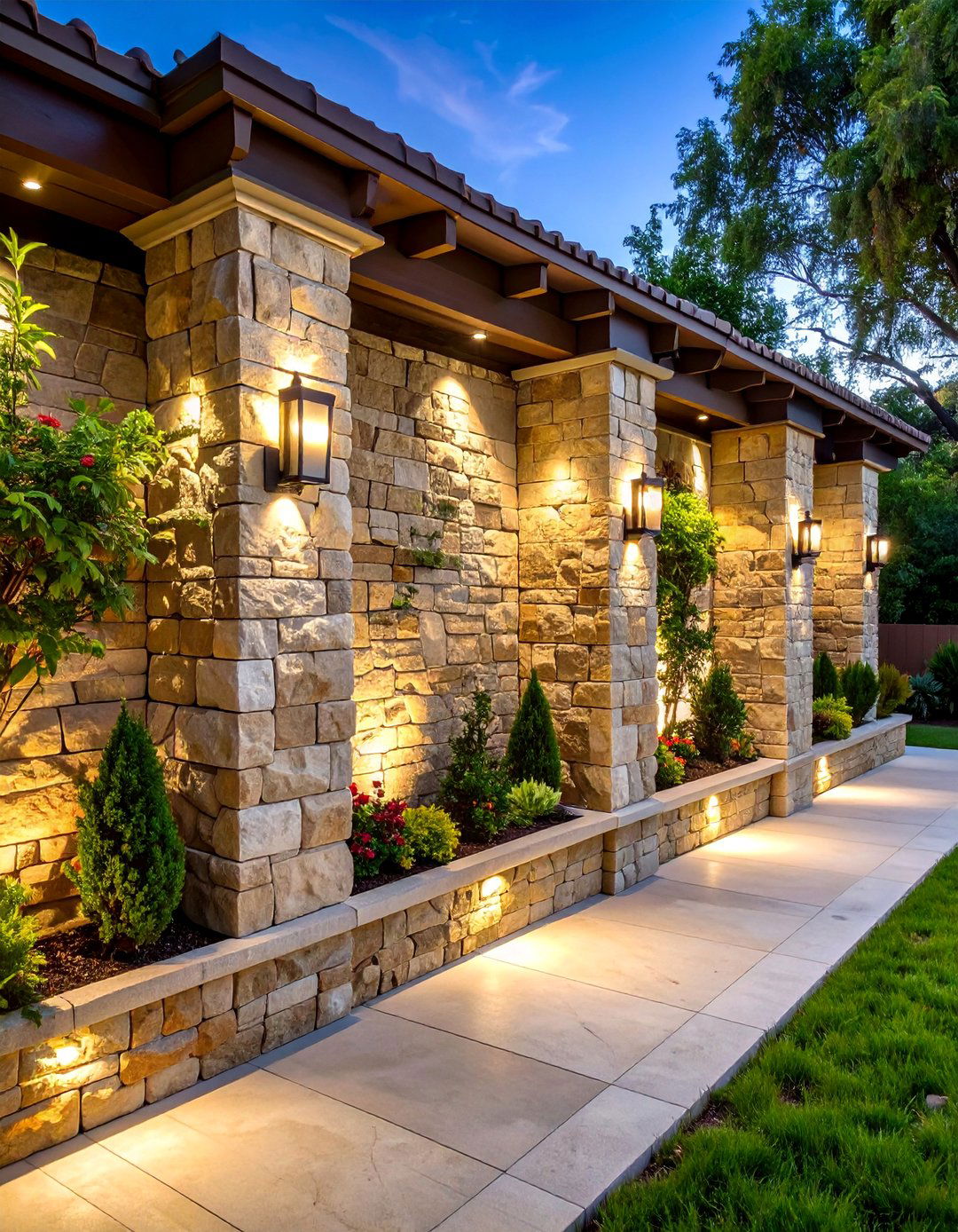 Stone Column Privacy Wall with Natural Materials - 25 Patio Privacy Ideas