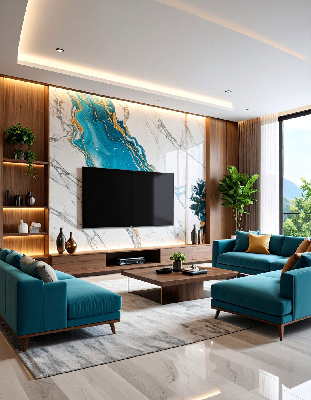 Stone Effect Media Wall with Floating Storage - 25 Media Wall Ideas