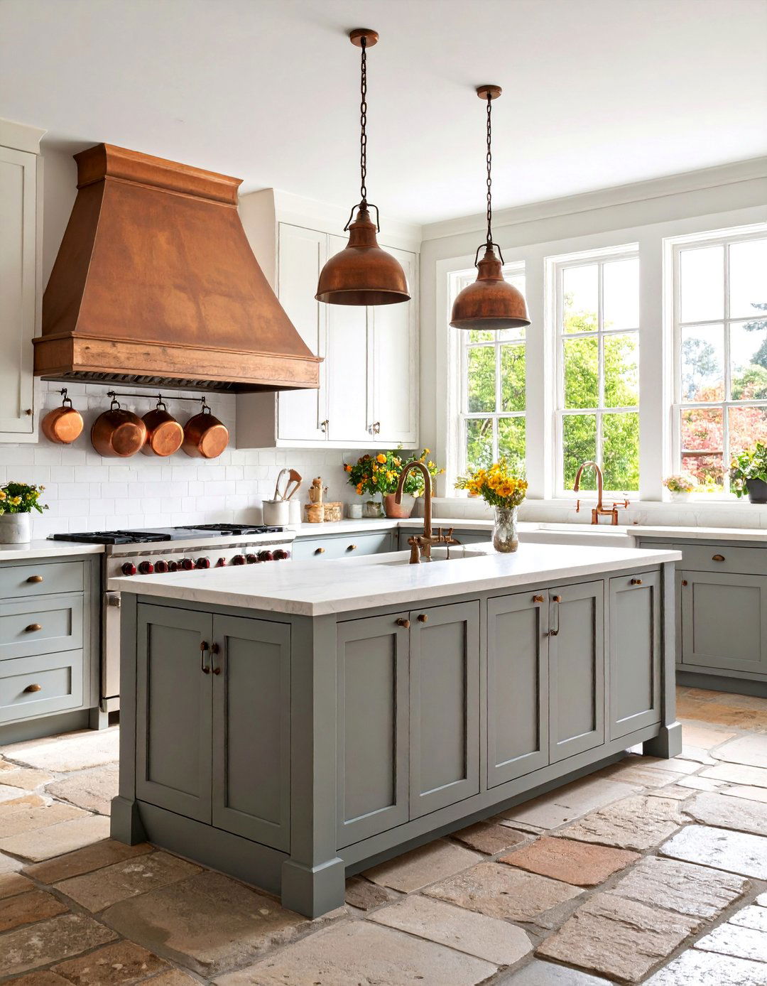 Stone Farmhouse Sink Kitchen with Copper Accents - 25 Tudor Kitchen Ideas