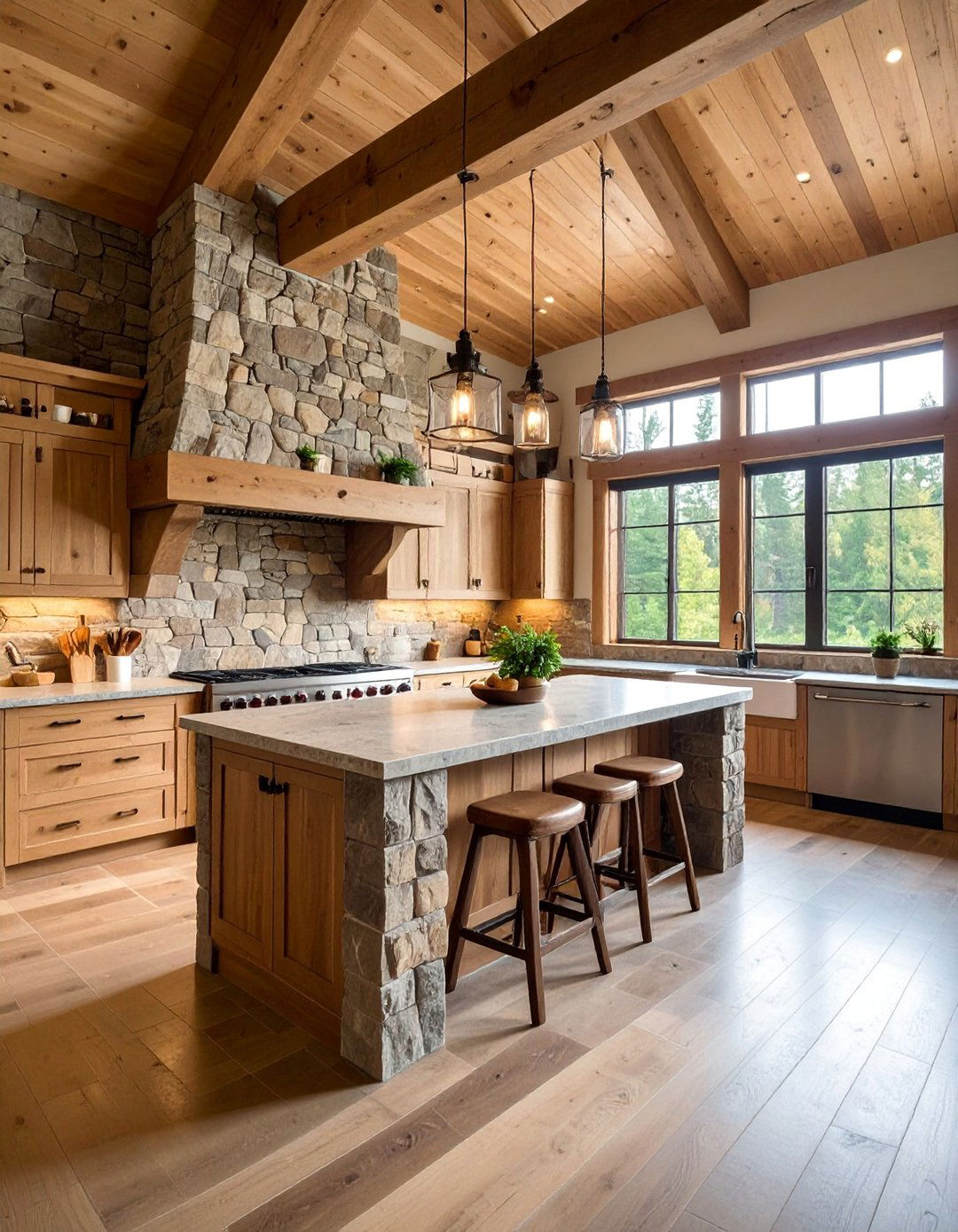 Stone Feature Barndominium Kitchen with Natural Rock Elements - 25 Barndominium Kitchen Ideas