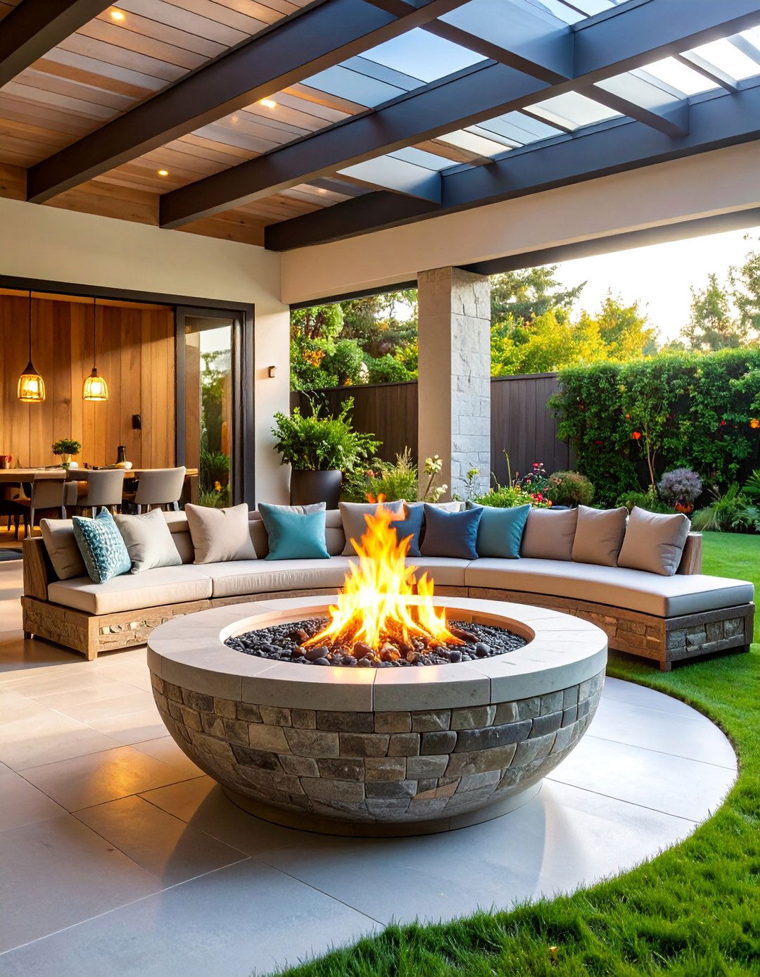 Stone Fire Bowl with Surrounding Seating - 25 Porch Fireplace Ideas