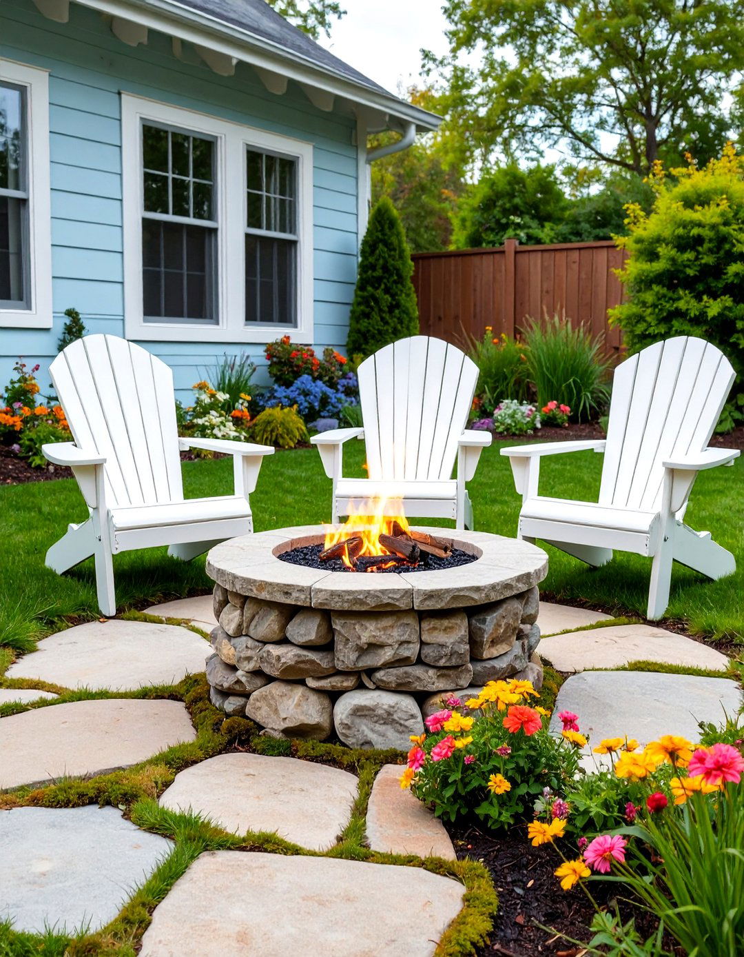 Stone Fire Pit Gathering Space with Adirondack Chairs - 25 Farmhouse Patio Ideas