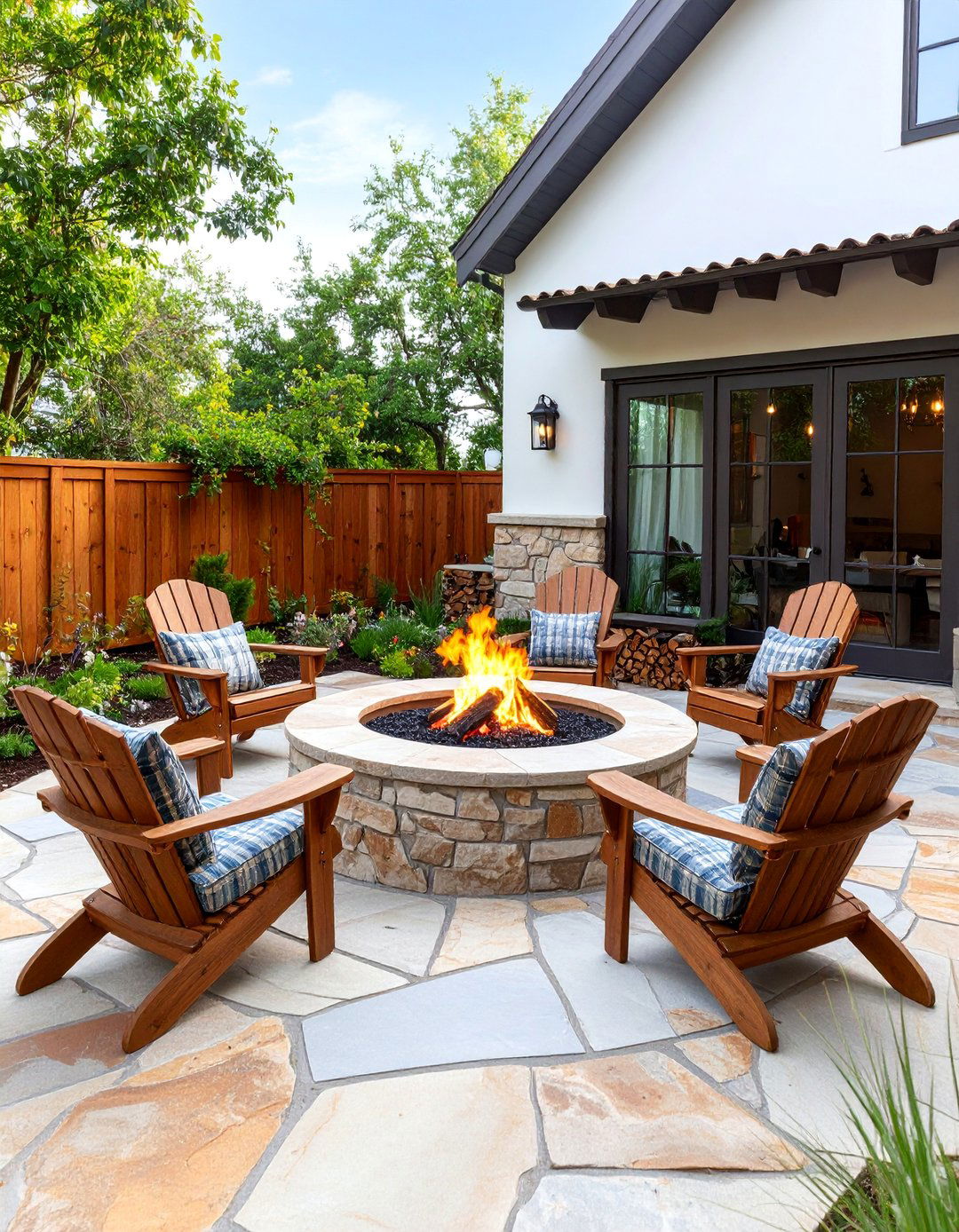 Stone Fire Pit Patio with Adirondack Seating - 25 Rustic Patio Ideas